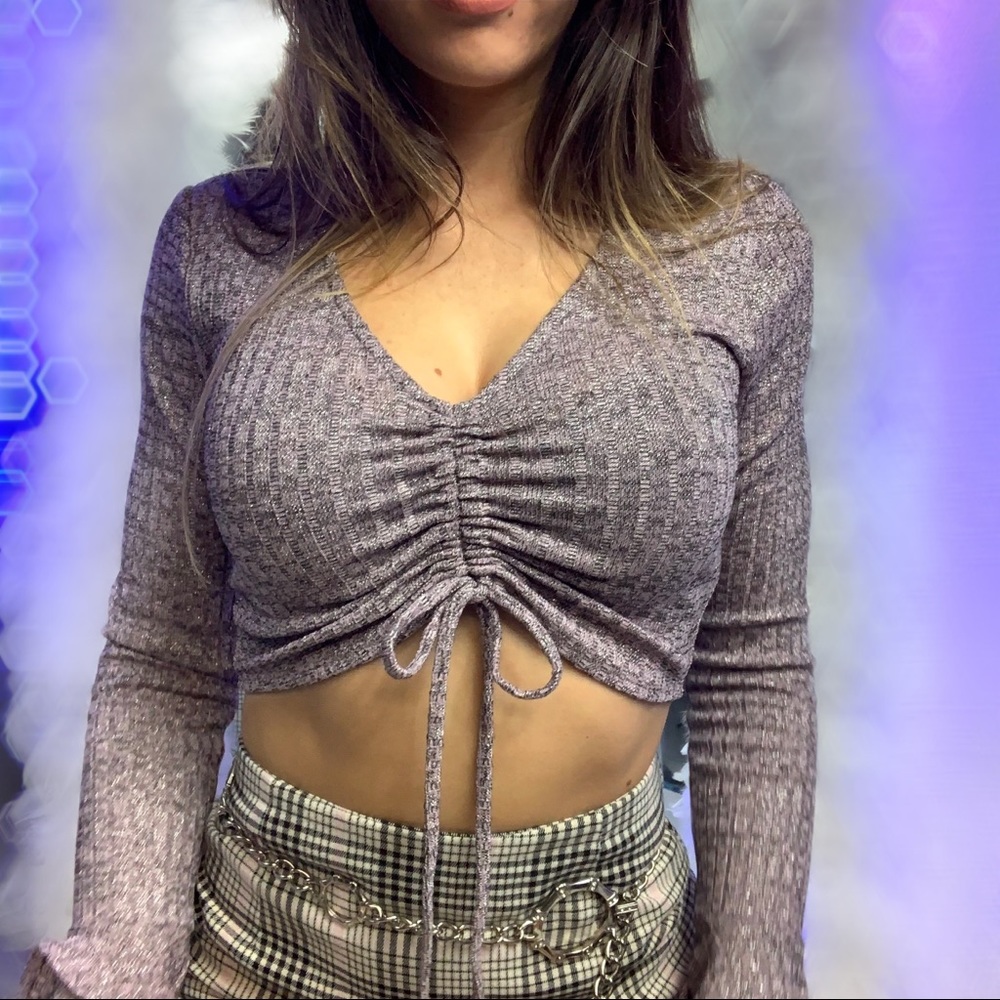 Purple metallic ruched knit bell sleeve crop top